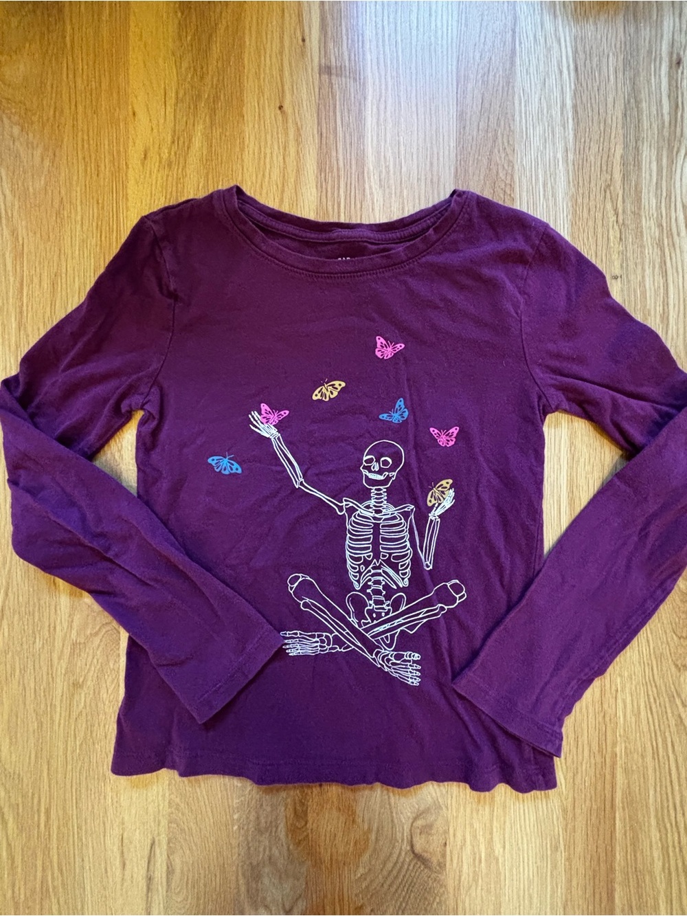 GAP Girls' Deep Purple Long-Sleeve Tee with Skeleton & Multicolor Butterflies
